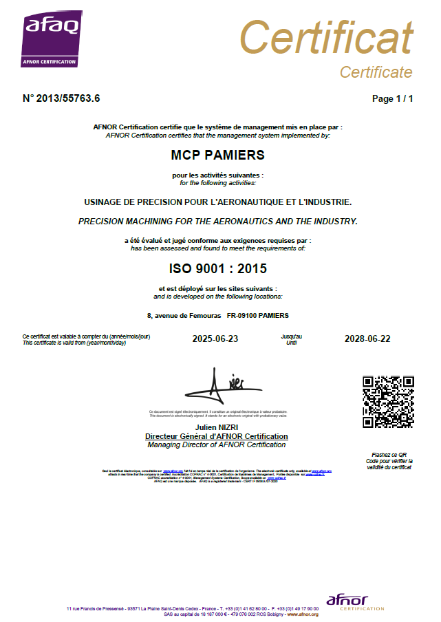 Certificat de Mecaprec du norm ISO 9001 : 2015