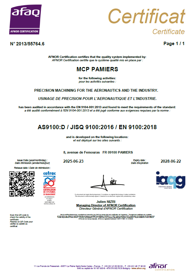 Certificat de Mecaprec du norm: AS9100:D / JISQ9100:2016 / EN 9100:2018